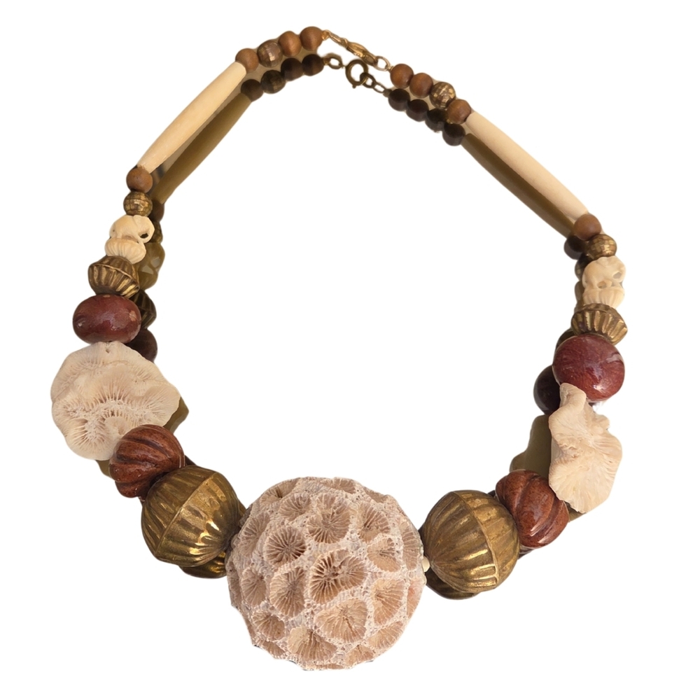 Vintage Coral, Ceramic, & Carved Mini Elephant Necklace